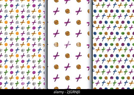 Geometrische bunte Formen nahtlose Muster, Sammlung von 3. Handgezeichnetes Doodle-Cartoon-Design, dekoratives Kreuz, Kreis, Wirbel-Elemente. Halloween Stock Vektor