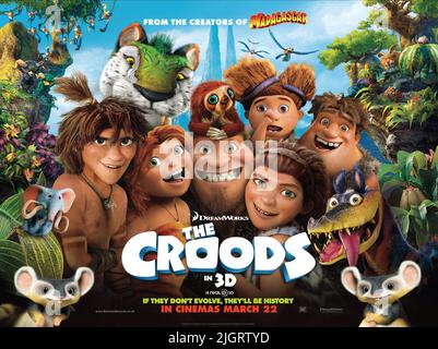 Kerl, EEP, GRUG, UGGA, Sandy, THUNK POSTER, die CROODS, 2013 Stockfoto