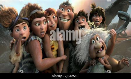 SANDY, UGGA, EEP, GRUG, THUNK, GRAN, Kerl, der CROODS, 2013 Stockfoto