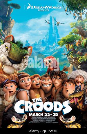 SANDY, UGGA, EEP, GRUG, THUNK, GRAN, GUY POSTER, die CROODS, 2013 Stockfoto