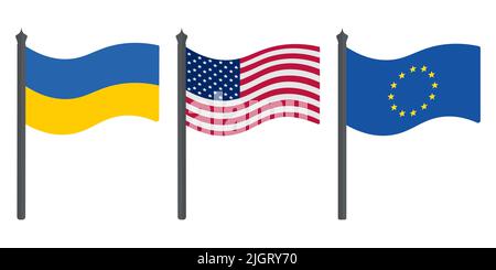 Flagge der Ukraine, der USA und der EU. Satz von farbigen Vektorgrafiken. Symbole der Staaten. Politische Themen. Flacher Style. Nationales Zeichen. Stock Vektor