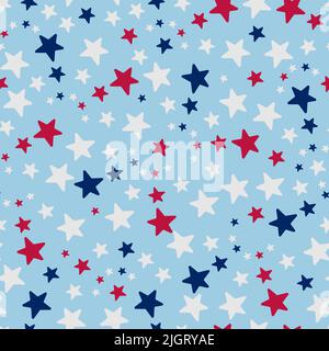 Sterne. Sich wiederholendes Vektormuster. Isolierter blauer Hintergrund. Flacher Style. Nahtloses Ornament in den Farben der USA-Flagge. Zarter Hintergrund. Stock Vektor