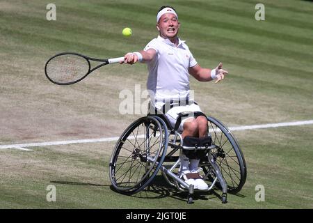 Im Halbfinale der Herren im Wheelchair-Einzel in Wimbledon 2022 besiegte Alfie Hewett (im Bild) aus Großbritannien den Argentinier Gustavo Fernandez Stockfoto