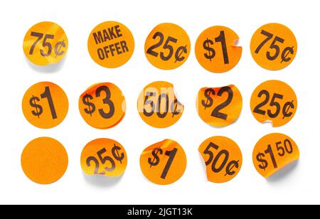 Runde Orange Garage Verkaufspreis Tag Aufkleber Ausgeschnitten. Stockfoto