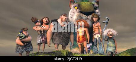 Thunk, Sandy, Ugga, Grug, Eep, Chunky, Guy & Gran Film: The Croods (2013) Regie: Kirk De Micco & Chris Sanders 21 March 2013 **WARNUNG** Dieses Foto ist nur für den redaktionellen Gebrauch bestimmt und unterliegt dem Copyright von TWENTIETH CENTURY FOX und/oder des Fotografen, der von der Film- oder Produktionsfirma beauftragt wurde und kann nur durch Publikationen im Zusammenhang mit der Werbung für das oben genannte reproduziert werden Film. Eine obligatorische Gutschrift an DEN FUCHS DES ZWANZIGSTEN JAHRHUNDERTS ist erforderlich. Der Fotograf sollte auch bei Bekanntwerden des Fotos gutgeschrieben werden. Ohne schriftliche Genehmigung der Film Company kann keine kommerzielle Nutzung gewährt werden. Stockfoto