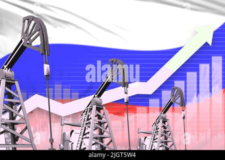 Konzept der russischen Ölindustrie, industrielle Illustration - steigende Grafik im Hintergrund der russischen Flagge. 3D Abbildung Stockfoto