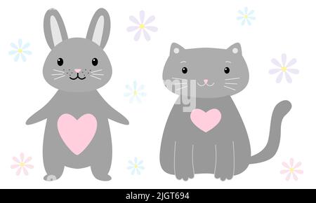 Graue Katze und Kaninchen sind im gleichen Stil mit rosa Herzen auf der Brust. Kinder Tiere Haustiere zur Dekoration, für Webdesign, zur Dekoration isoliert auf weißem Hintergrund. Vektorgrafik Stock Vektor