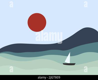 Poster im Landschaftsformat. Meer, Berge und Segelboot. Stock Vektor