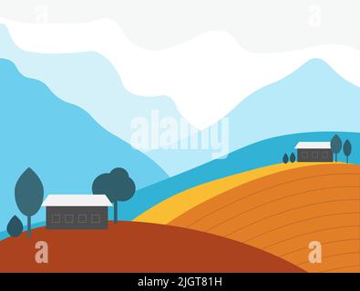 Poster mit ländlicher Landschaft. Berge und Felder, Häuser und Bäume. Stock Vektor