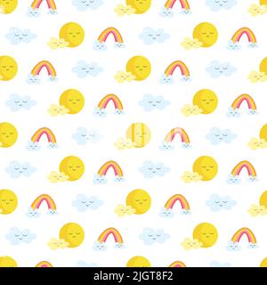 Kawaii Kinderkollektion mit gelben Planeten und Regenbogen. Nahtloses Muster. Stock Vektor