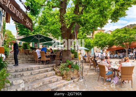 Eine der vielen malerischen, von Bäumen gesäumten Straßen mit Geschäften und Cafés im Dorf Valldemossa, Spanien, auf der Insel Mallorca, Spanien. Stockfoto