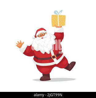 Lustig tanzender Weihnachtsmann mit einem Geschenk. Flache Cartoon-Figur, St. Nicholmann. Frohe Weihnachten und Frohes neues Jahr. Vektorgrafik isoliert ein Stock Vektor