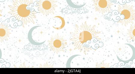 Pastellmuster mit Mond, Sonne, Wolken. Flacher Vektor nahtlose Raum Ornament für weißen Stoff, Scrapbooking-Design, astrologischen Hintergrund. Moderne Ausstattung Stock Vektor