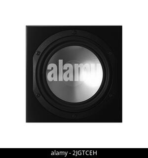Audiolautsprecher in schwarzem Gehäuse, Subwoofer-Vorderansicht isoliert auf weißem Hintergrund Stockfoto