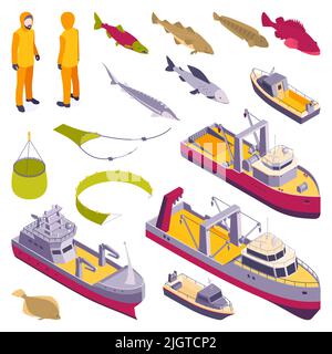Kommerzielle Fischerei isometrischen Satz von Fluss Ozean- und Seefischerschiffe Boote und Trawler isoliert Vektor-Illustration Stock Vektor