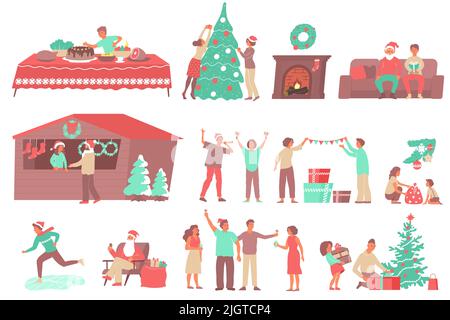 Weihnachts-Set mit flachen Ikonen menschliche Charaktere mit Dekorationen Geschenke und Möbel mit Eislaufbahnen Verleih Vektor Illustration Stock Vektor
