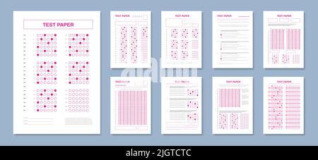 Realistische Antworten auf Testpapier mit roten Blättern gelöster Untersuchungstests mit korrekten Markierungen, Vektorgrafik Stock Vektor