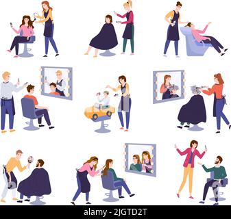 Friseure Barbiere und ihre glücklichen Kunden im Schönheitssalon Flat Set isolierte Vektor-Illustration Stock Vektor