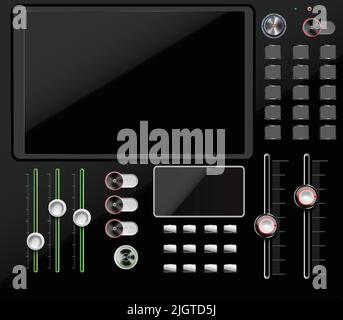 Dashboard-Elemente realistische Zusammensetzung mit flacher Ansicht des Bedienfelds mit großen Bildschirmknöpfen und Schaltern Vektordarstellung Stock Vektor
