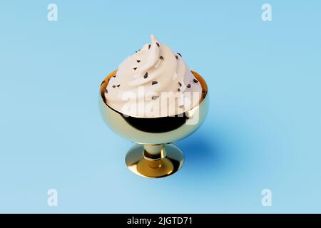 Eiscreme mit Schokolade in Goldschale auf blauem Hintergrund 3D Rendering. Stockfoto