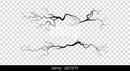 Risse auf Beton oder Boden aufgrund von Alterung oder Dürre. Ein Satz von Spalten, die auf transparentem Hintergrund isoliert sind. Monochrome Vektorgrafik Stock Vektor