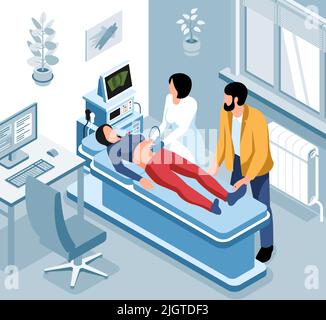 Scan diagnostische Zusammensetzung Bauchultraschall bei einer Schwangeren mit einem Mann neben dem Arzt Vektor-Illustration stehen Stock Vektor