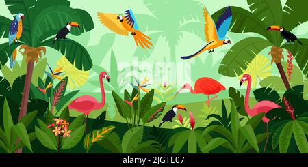 Flache Dschungel Zusammensetzung Vögel fliegen in dichten Dschungel rosa Flamingos und große Papageien Vektor-Illustration Stock Vektor