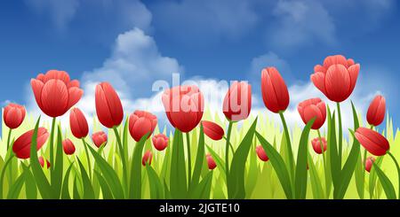 Frühlingsblumen flache Komposition mit Outdoor-Landschaft und klaren Himmel mit wild wachsenden Blüten von Tulpen Vektor-Illustration Stock Vektor