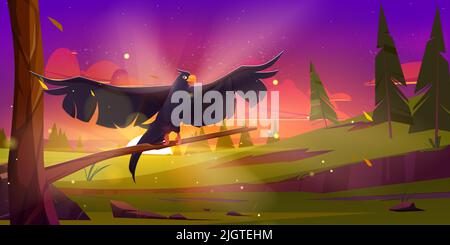 Schwarzer Adler sitzt auf einem Baumzweig bei einer wunderschönen Sonnenuntergangslandschaft. Falken, Krähen oder Falken über Sommerwald Hintergrund mit lila Himmel, Feld und Fichten. Wilder Vogel in der Natur Cartoon-Vektor-Illustration Stock Vektor