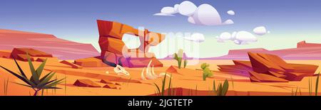 Wüstenlandschaft in Arizona, wilder Westhintergrund mit goldenen Sanddünen und Steinen unter blauem Himmel. Trockene verlassene Natur mit Tierskelett auf gelber Sandfläche und Kakteen, Cartoon-Vektor-Illustration Stock Vektor
