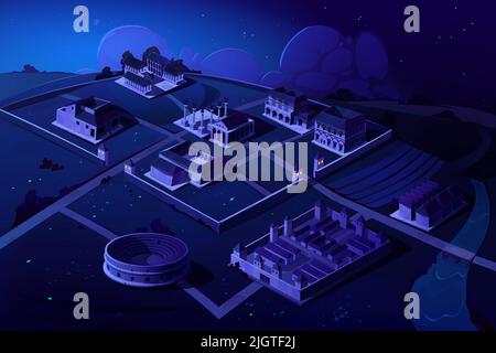 Rom isometrische Landschaft mit antiken Gebäude Vektor Nacht Cartoon Spiel Hintergrund. Capitol-Tempel und Basilika mit Platz, römisches Forum, Taberna und Insula, Castra alten Militärlager im Dunkeln Stock Vektor