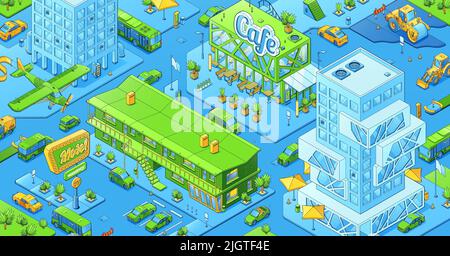 Moderner Stadtplan, isometrisches Stadtbild mit Café-, Motel- und Bürogebäuden, Baumaschinen, Autos auf Straßen und fliegenden Flugzeugen. Vektor-Illustration der städtischen Architektur und Verkehr Stock Vektor