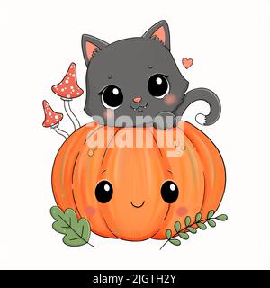 Halloween Vektor schwarze Katze, Kürbis und Pilze Stock Vektor