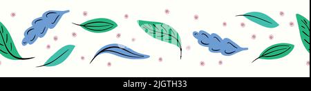 Hintergrund des Blattvektormusters. Lustige nahtlose Wiederholung von handgezeichneten grünen und blauen Blättern. Stock Vektor