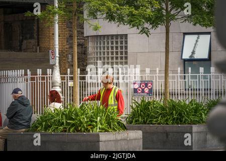 Junger rotköpfiger Mann, ratsarbeiter, in Hi-viz-Jacke mit einem Wurfpflücker. Dublin. Irland. Stockfoto