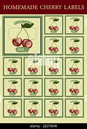 Küchenetiketten für Marmelade. Aufkleber für die Erhaltung zu Hause. Kirschmarmelade. Aufkleber für den Plotter. Stock Vektor