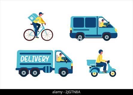 Pak-Lieferung auf verschiedenen Fahrzeugen, Kurier auf einem Motorrad und auf einem Fahrrad, Kurierlieferung mit dem Auto Stock Vektor