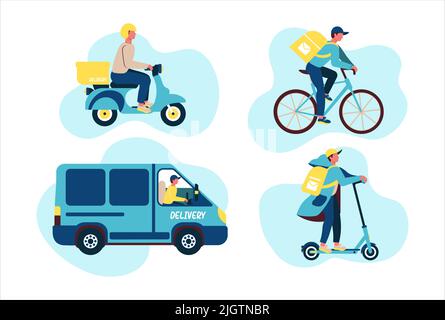 Ein Paket von Lieferungen mit dem Auto per LKW mit dem Fahrrad und Roller Stock Vektor