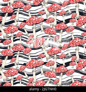 Waldamanita-Pilz. Nahtloses Muster aus handgezeichneter roter Fliege auf dunklem Hintergrund. Botanisches Design für Textil, Tapete, Website, Verpackung Stock Vektor