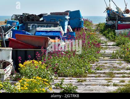 Working Beach, größtenteils verlassen, im Südosten von Kent, Großbritannien. Viele Beweise, die seit dem 18.. Jahrhundert von einer sehr geschäftigen Fischereiindustrie zurückgelassen wurden. Stockfoto