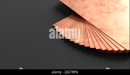 Stapel von Kupferplatten isoliert auf dunklem Hintergrund. 3D Abbildung. Stockfoto