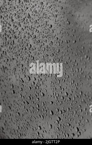 Wassertropfen auf Glas, monochromes Foto Stockfoto