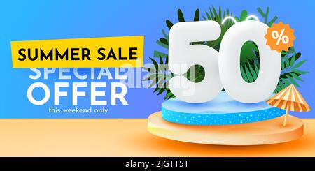 50 % Rabatt. Rabatt auf kreative Komposition. Banner für Sommerverkauf. Werbebanner und Poster. Vektorgrafik. Stock Vektor