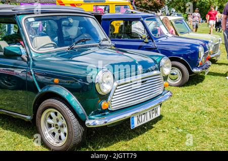 Vorderansicht eines 1992 Rover Mini in Grün auf der „The Reading Motor Show“ in Reading, Großbritannien Stockfoto