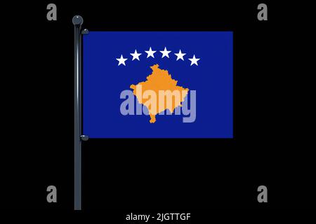 Eine 3D Darstellung der Kosovo-Flagge mit Chrom-Fahnenmast mit Karabinerhaken auf schwarzem Hintergrund Stockfoto