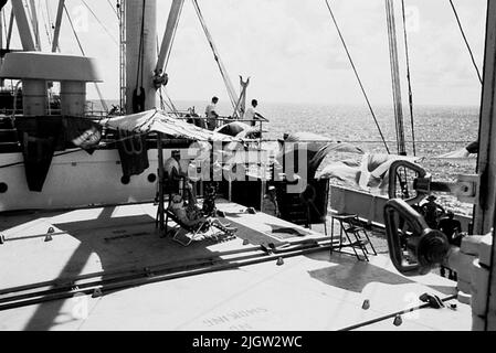 Das Foto wurde ungefähr 1961-09-02 aufgenommen. Linie für diejenigen, die zuerst den Äquator passieren. An Deck ist eine Szene vorbereitet. Auf einigen Stühlen sind 'Schauspieler', zwei Männer aus der Crew. Afrikanreise, Aden Linjedop.36 Bilder in Serie. Stockfoto