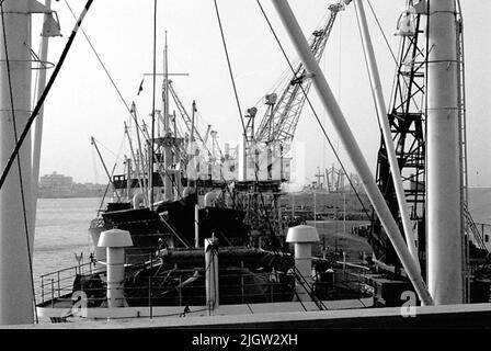 African trip, Port Sudden Acquisition: Bücher und Archivmaterial.36 Bilder in Serien. Das Foto wurde ungefähr 1961-08-22 aufgenommen. Ein paar Schiffe befinden sich in einem Hafen. Auf dem Kai im Hafen sind Krane zum Verladen von Waren eingesetzt Stockfoto