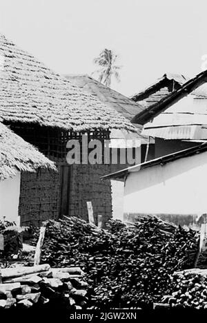 Afrikanische Reise, zanzibars einfach Erwerb: Bücher und Archivmaterial.35 Bilder in Serien. Das Foto wurde ungefähr 1961-09-12 aufgenommen. Eine Reihe von Wohngebäuden usw. in einer Gesellschaft. Im Vordergrund ist Holz gestapelt. Stockfoto