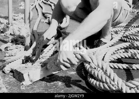 Das Foto wurde ungefähr 1961-09-22 aufgenommen. Ein Mann sitzt auf einem Schiff. Er hat den Zug zusammengerissen. Jetzt schneidet er die Fülle des Zuges mit einer Axt weg. African travel35 Bilder in Serie. Stockfoto