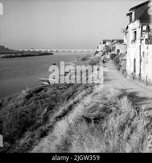 2. Die Niederlande, Frankreich. Photo Journal ist erhältlich bei B.M.A. + Fotoalben. Erwerb: Bücher und Archivmaterial. Fotos aufgenommen zwischen 1959-10-12. Und 1959-10-16,12 Bilder in Serie. Nach Angaben: Frankreich. Loire, V auf Tours. 16/10 -59. Blick auf V entlang des Strandgebäudes am nördlichen Loire-Strand. Mehrere Boote befinden sich an einem Strand zu einem Fluss. Auf der rechten Seite befinden sich ein paar Wohngebäude am Strandvallen. Im Hintergrund geht eine Brücke über den Fluss. Stockfoto